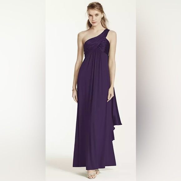 David’s Bridal One Shoulder Long Jersey Dress with Cascade Back Lapis Purple 8 - Picture 1 of 16